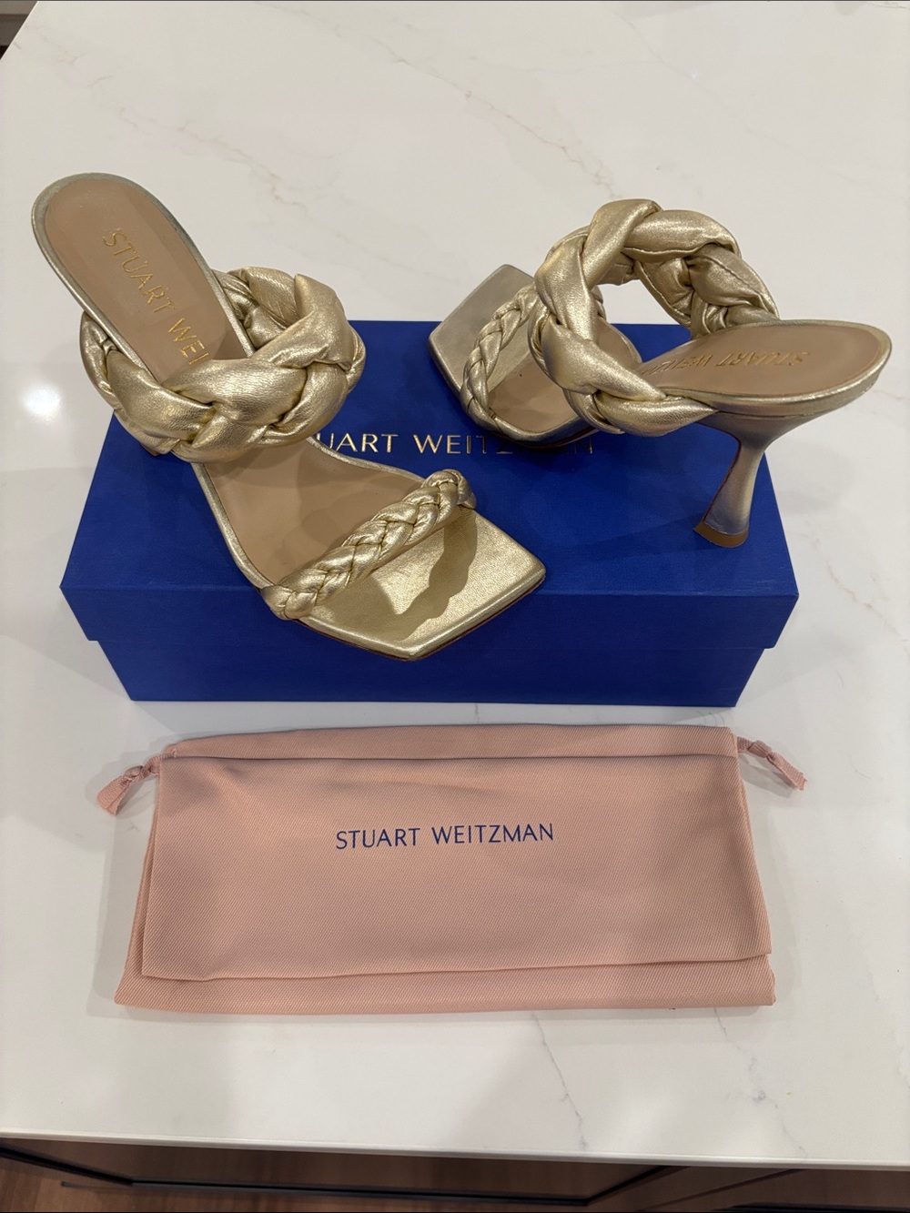 Stuart Weitzman Metallic Gold Braided Strap Heeled Mules